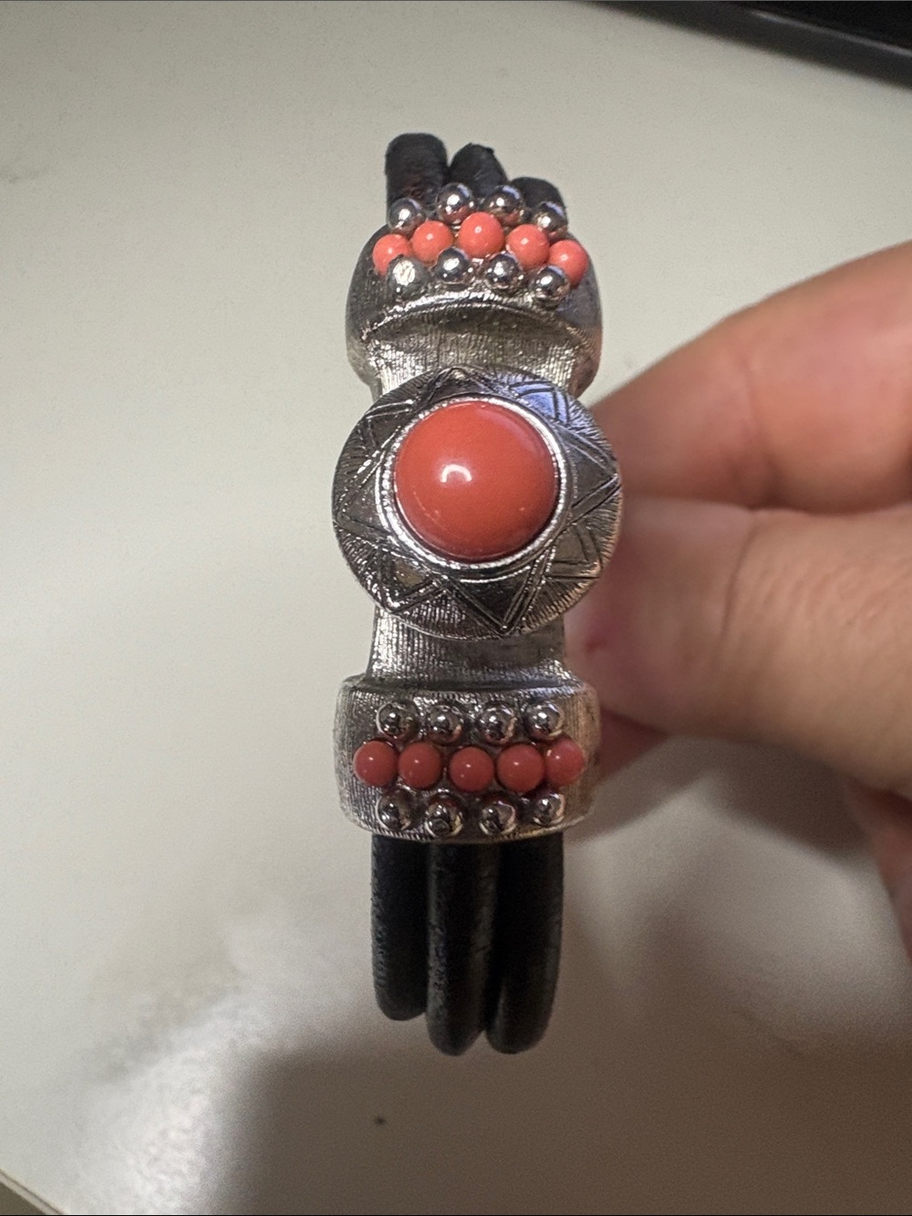 Black Leather Bracelet with Coral Accent and Silver-Tone Detailing - Picture 2 of 7